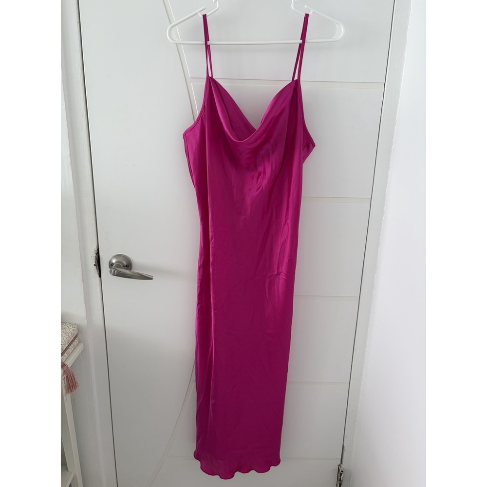 Bebe Hot Pink Satin Cowl Neck Slip Dress Sz L Fuchsia Sleeveless Maxi